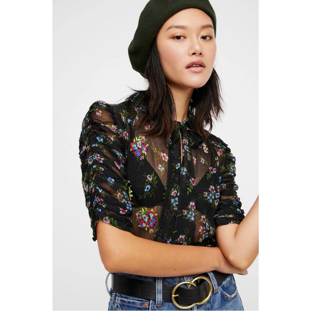 Free People Sheer Floral Blouse Beaded Top Black Women's Small Indie Boho